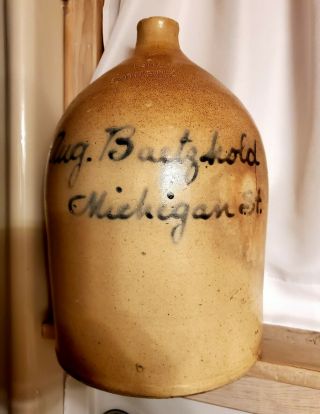 Antique J.  Fisher Lyons,  Ny " August Baetzhold " Advertising Stoneware Jug 2 Gal.