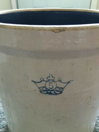 Antique Robinson Ransbottom 5 Gallon Blue Crown Stoneware Crock 2