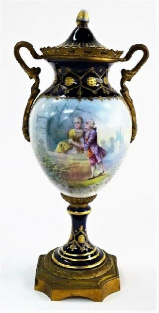 Antique French Sevres Style Blue Urn 18th Century Courting Scene Signed Luigi