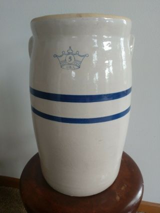 Antique Vintage Stoneware Button Ear Crock/butter Churn/jug 5 Gallon Blue Crown