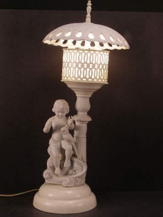 Antique Parian Bisque Parrot Nude Boy Cherub Figure Statue Porcelain Shade Lamp