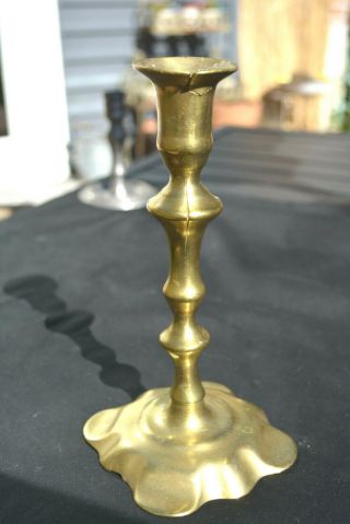 Good Early 18th Century Brass Petal Base Seamed Candlestick C.  1730
