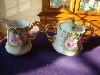 Vintage Lefton Creamer And Covered Sugar With Rose Design Hand Painted Gold Wash