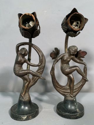 (2) Antique Art Nouveau Era Bronzed Nude Lady Figural Statue Old Boudoir Lamp