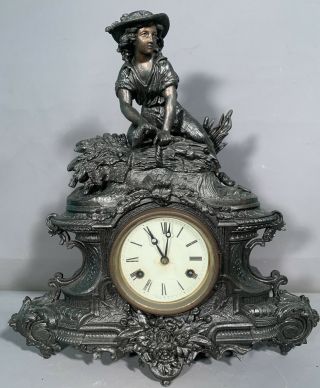 19thc Antique Victorian Era Lady Statue Figural Mantle Old Sculpture Clock