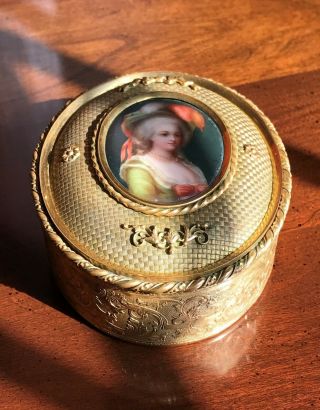 Antique Gilt Metal Trinket Box Marie Antoinette Porcelain Plaque Kpm Style