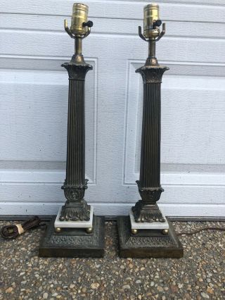 Antique Vintage Pair Brass Marble Greek Fluted Column Buffet Tall Lamps 22 In
