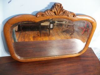 Antique Carved Oak Beveled Glass Wall Mirror From A High Chest