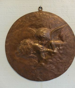 Antique Art Nouveau Valentine Glauber Bronze Cupid Revive Psyche W/ Kiss Plaque
