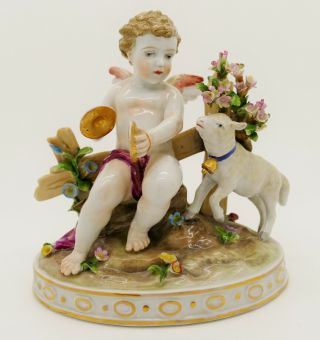Antique German Porcelain Von Schierholz Figurine Putto W Lamb Early 20th Century