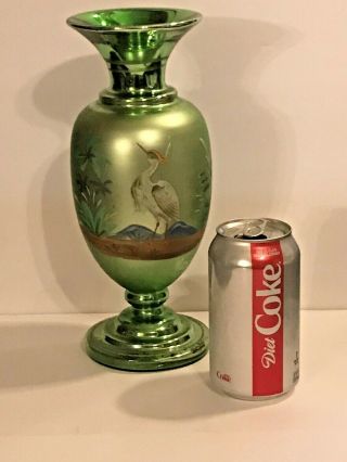 10 " Antique Green Mercury Glass Vase Painted Bird Authentic