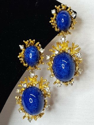 Vintage Signed Panetta Gold - Tone Lapis Blue Glass & Rhinestones Clip - On Earrings