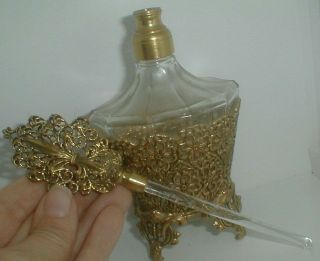 8 " Vintage Antique 24k Gold Plated Filigree Perfume Bottle W/ Dobber Glass