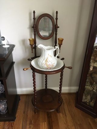 Vintage Royal Ironstone China Pitcher & Basin With Wooden Wash Stand And Votives