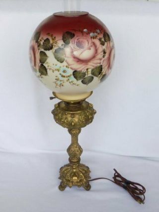 Antique Gold Gilt Metal W/hand Painted Floral Shade Gwtw Hurricane Electric Lamp