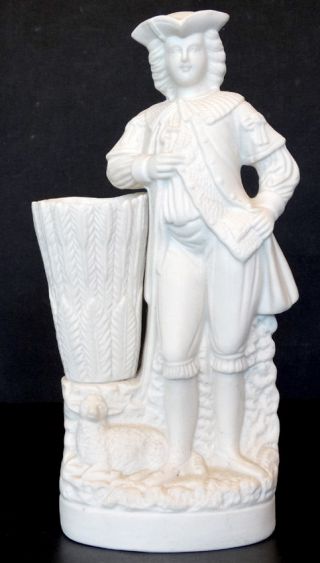 Antique Victorian Man & Sheep Spill Vase Vintage Parian Ware Statue / Bennington