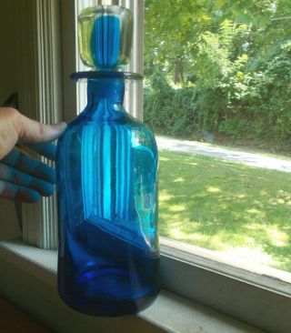 Pontiled Blenko Type Heavy Blown Sapphire Blue Art Glass Decanter With Stopper