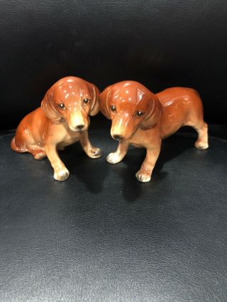 2 Vintage 3 " Porcelain Dachshund Puppy Figurine Doxie Weiner Dogs Norcrest Japan