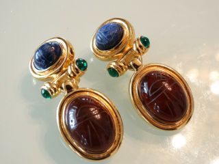 Vtg 80s Givenchy Paris Mogul Lapis Egyptian Scarab Emerald Gripoix Drop Earrings