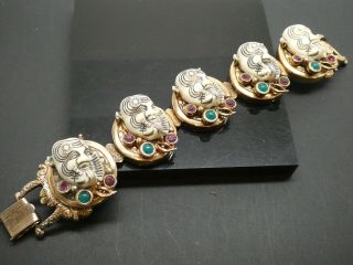 Vintage Selro Bakalite Okina Noh Japanese Mask Brass Linked Bracelet Size 7.  5 