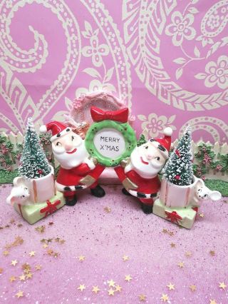 Vtg Kreiss Christmas TWIN SANTA ' S Candle Holder W Mice Red Bow WREATH TWO TREES 2