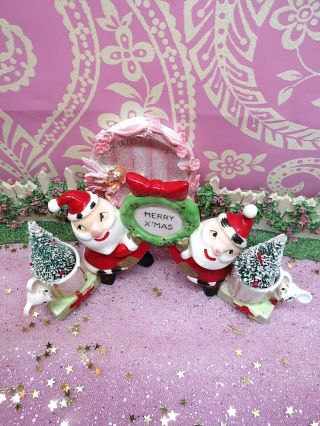 Vtg Kreiss Christmas TWIN SANTA ' S Candle Holder W Mice Red Bow WREATH TWO TREES 3