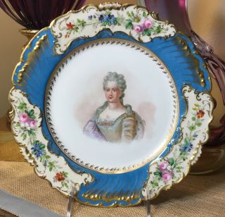 Antique French Sevres Hand Painted Porcelain Plate Signed 9 3/4” Blue Portrait