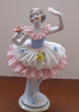 Antique Volkstedt German Porcelain Dresden Lace Ballerina 4 " Figurine,  Euc