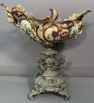 19thc Antique Victorian Figural Cherub Cupid Statue Old Table Centerpiece Bowl