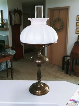 Antique Art Deco Hammered Brass Table Lamp Period White Milk Glass Melon Shade