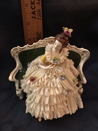 Vintage Fermany Porcelain Lady With Lace Dress Sitting On A Parlor Settee