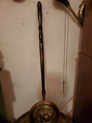Vintage Elpec Brass & Copper Bed Warmer With Long Wood Handle Made In England