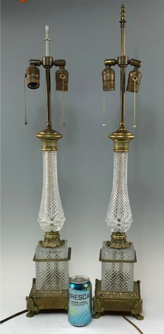 Pair Antique French Cut Glass & Bronze Dore 2 - Light Table Lamps