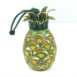 Pineapple Ornament Metal Cloisonne Green Yellow Enameled Christmas Holiday