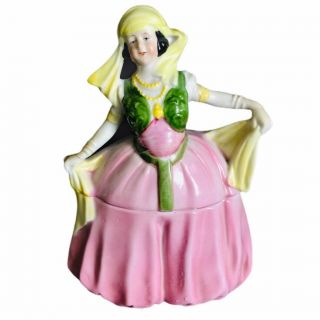 Antique German Figural Lady Women Powder Trinket Box Half Doll Pot Jar Pink Gree