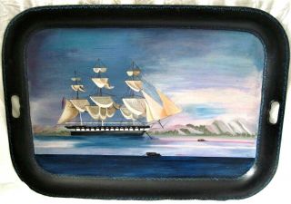 Large Folk Art 28 " Signed Vintage Hand Painted Nautical Sailing Ship Tole Tray