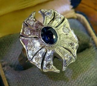 Vintage Palladium Art Deco Antique Sapphire Diamond Cocktail Ring Rare Unusual