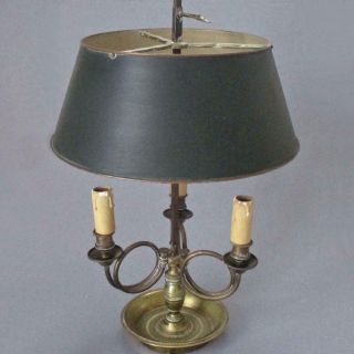 Antique French Empire Brass Bouillotte Lamp Triple Horns Black Tole Shade