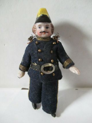 Antique German Bisque Dollhouse Navy Admiral Doll Jointed W/ Uniform 3 " Tall