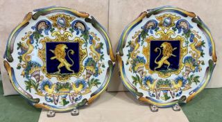 Antique Hp 19th C French Faience St Clement Majolica Pair Plates Heraldic