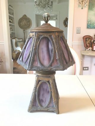 Vtg Antique Purple Slag Glass Mission Arts Crafts Style Lamp Metal Old