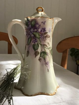 Limoges Chocolate Pot Intricate Purple Flower From The Front To The Back.  Lovely