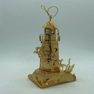 1998 Danbury Annual Gold Christmas Tree North Pole Lighthouse Ornament 3