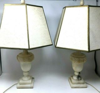 2 Vintage Neoclassical Italian White Alabaster Marble Urn Lamp Shades