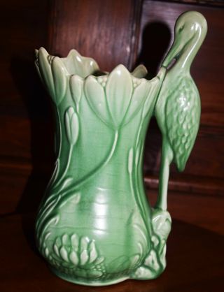 Figural Heron Bird Lg Pitcher Vase Sylvac Pottery Arts & Crafts Green Matte 10 "