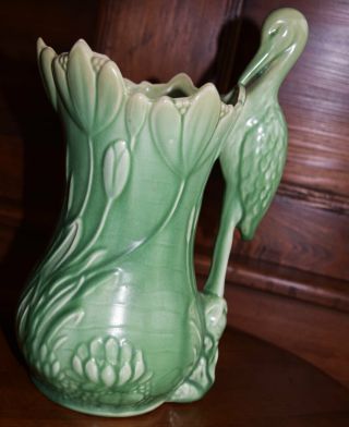 Figural Heron Bird Lg Pitcher Vase Sylvac Pottery Arts & Crafts Green Matte 10 