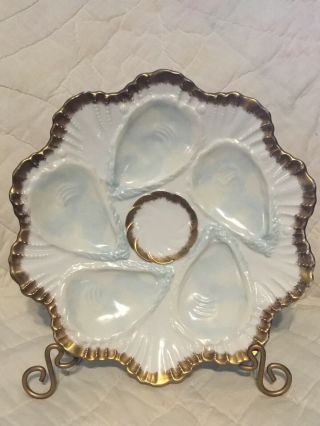 Oyster Plate Antique German Porcelain Pale Blue White & Gold 5 Well Oyster Plate