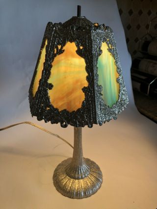 Antique Victorian Slag Glass Panel Table Lamp - Hexagonal Shade