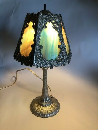 Antique Victorian Slag Glass Panel Table Lamp - Hexagonal Shade 2