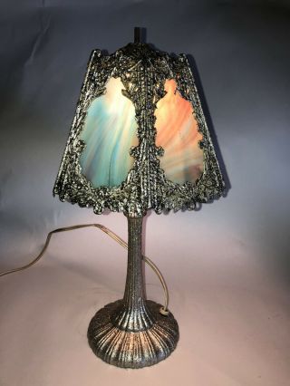 Antique Victorian Slag Glass Panel Table Lamp - Hexagonal Shade 3